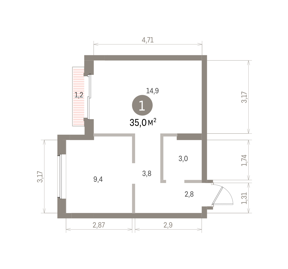 1 комн. Квартира 35 кв. м