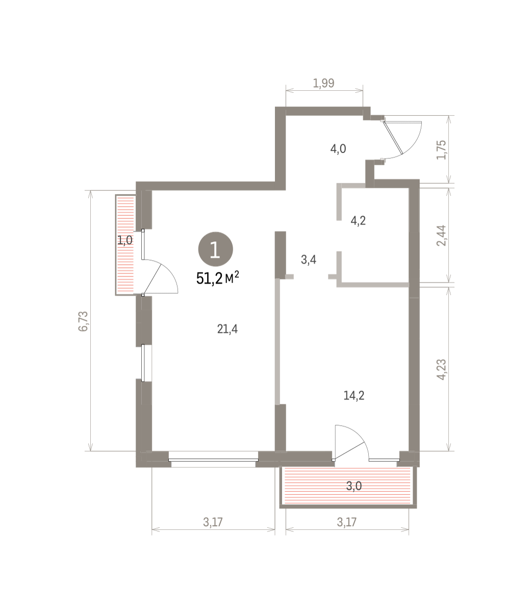 1 комн. Квартира 51.2 кв. м