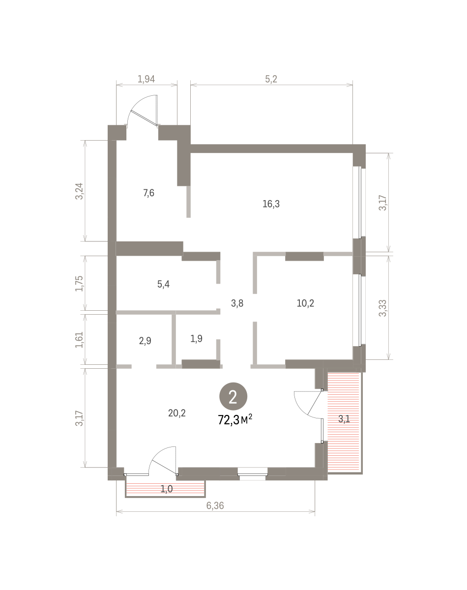 2 комн. Квартира 72.3 кв. м