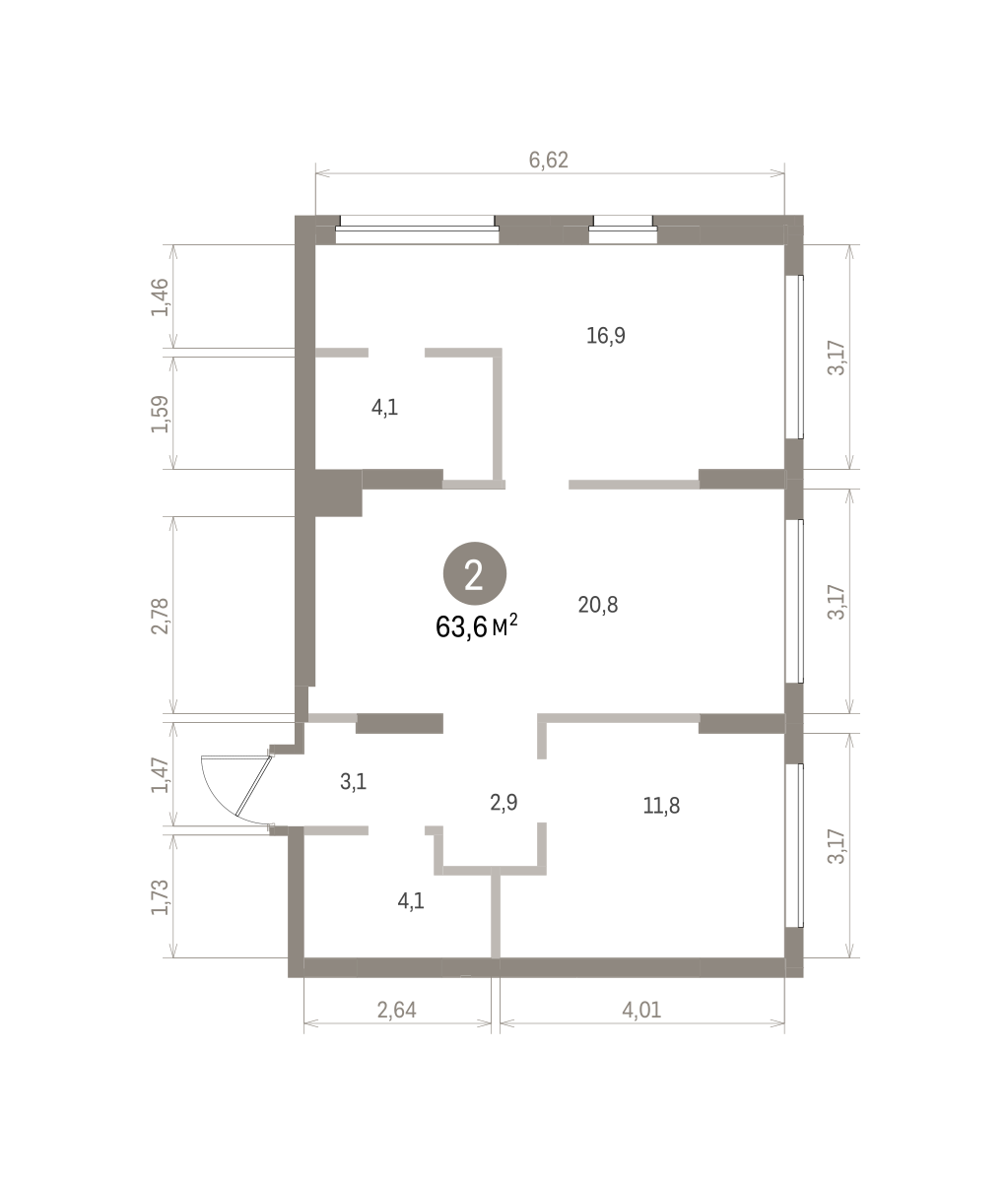 2 комн. Квартира 63.6 кв. м