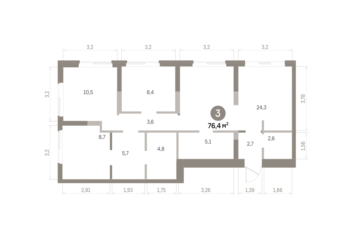 3 комн. Квартира 76.4 кв. м