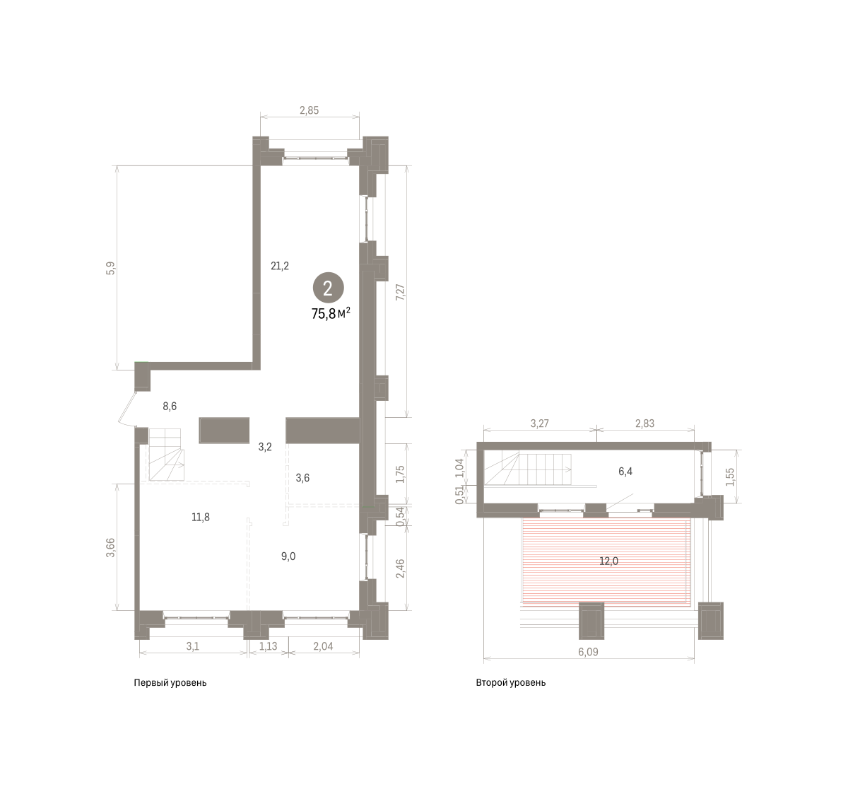 2 комн. Квартира 75.8 кв. м