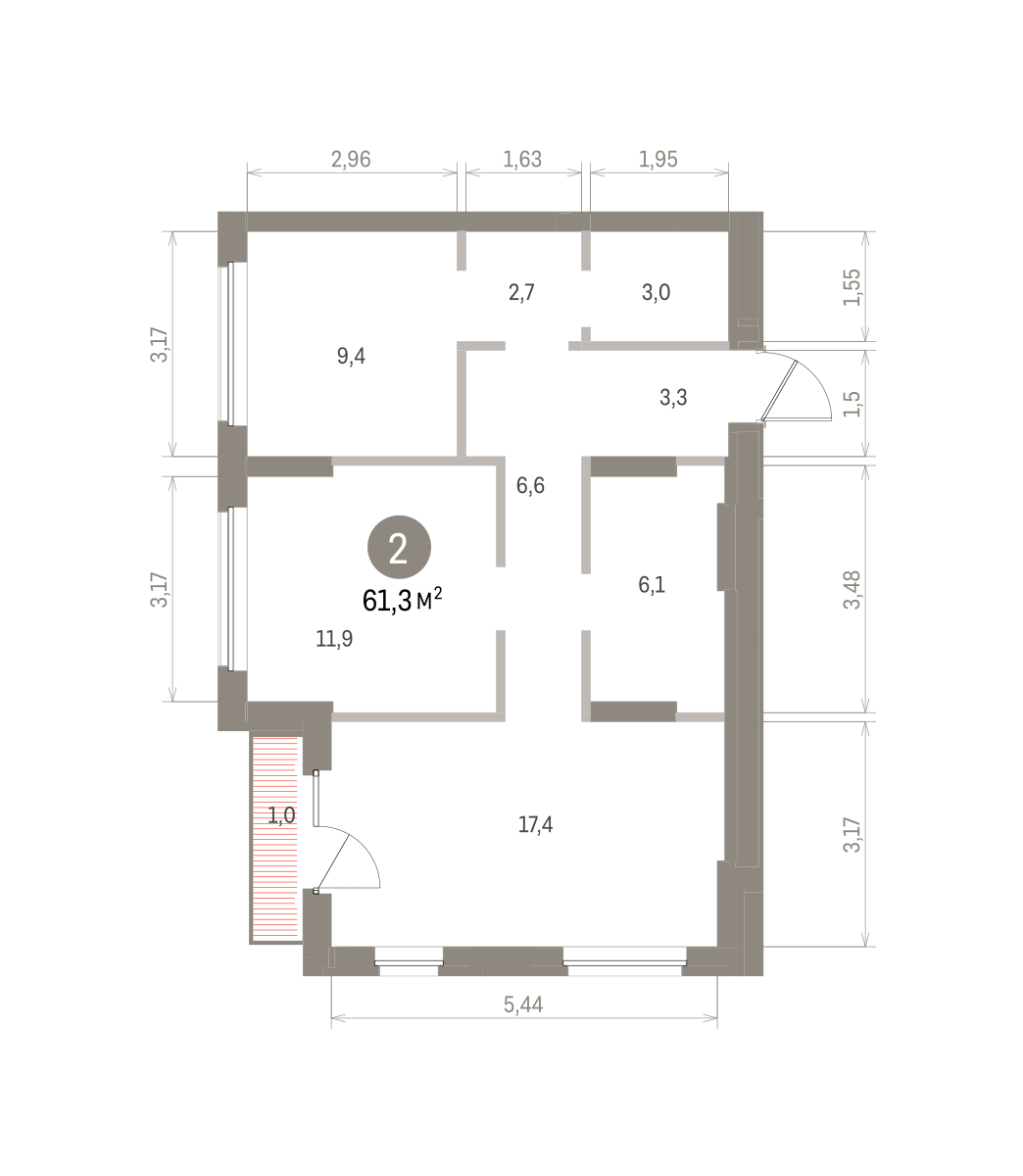 2 комн. Квартира 61.3 кв. м