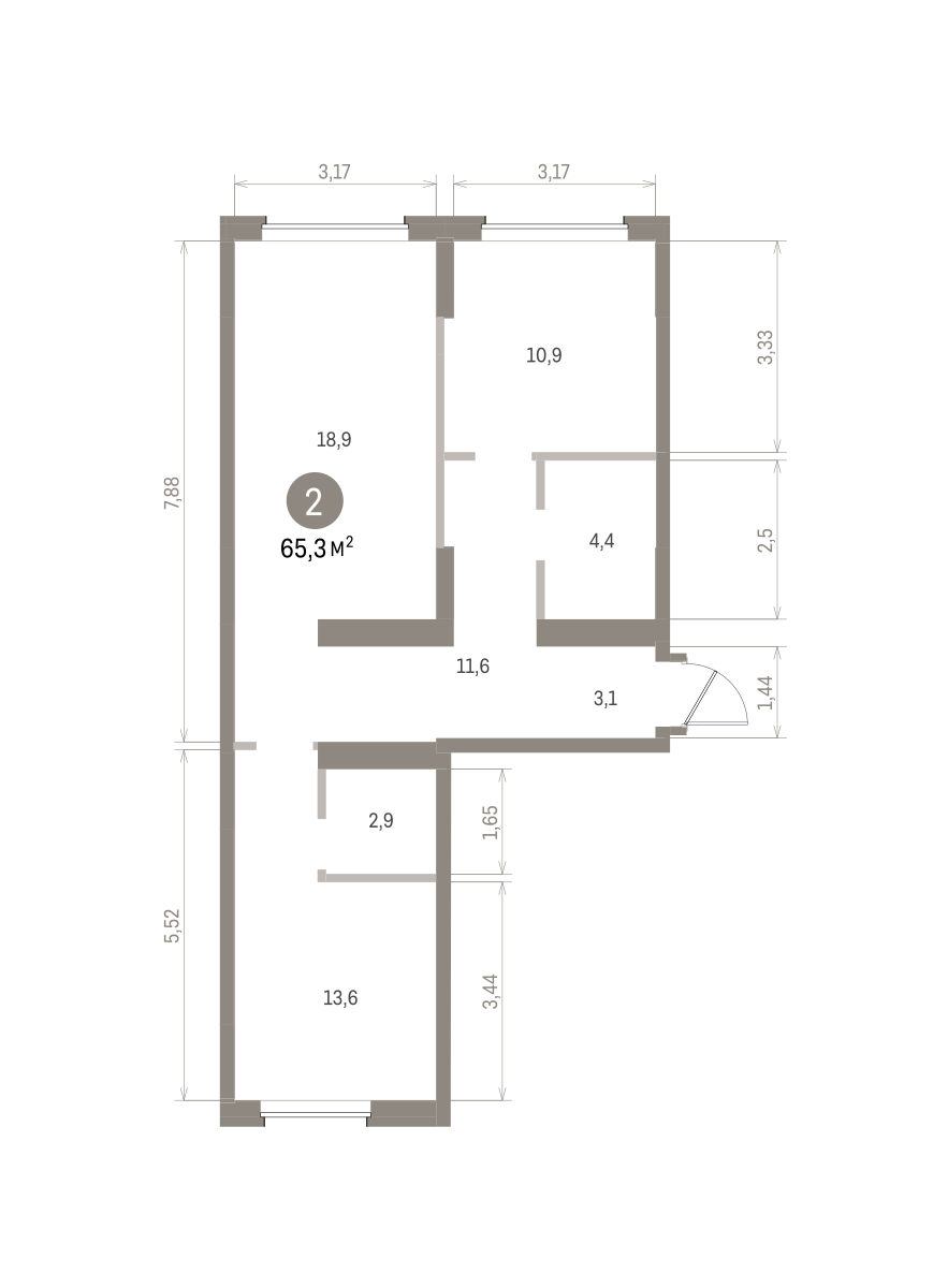 2 комн. Квартира 65.3 кв. м