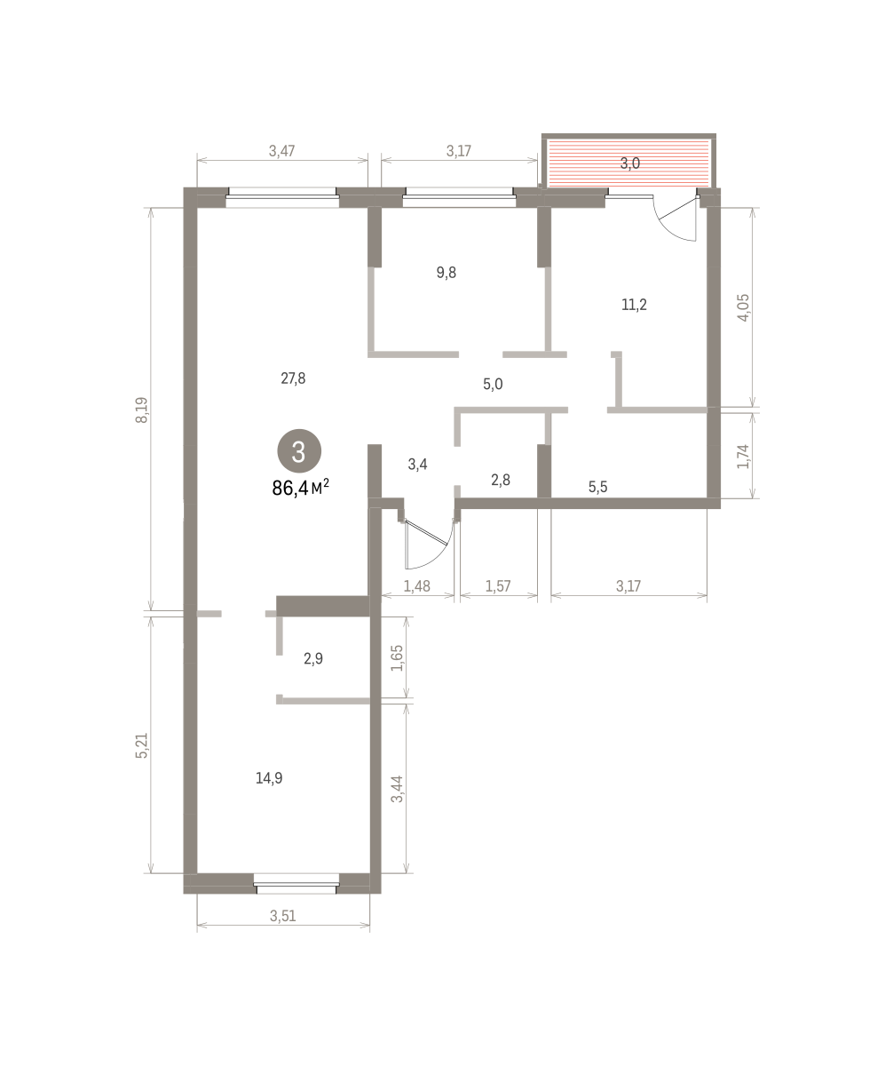 3 комн. Квартира 86.4 кв. м