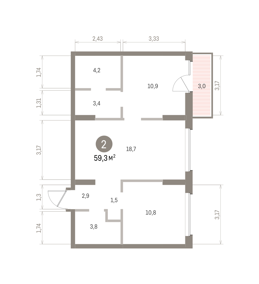 2 комн. Квартира 59.3 кв. м