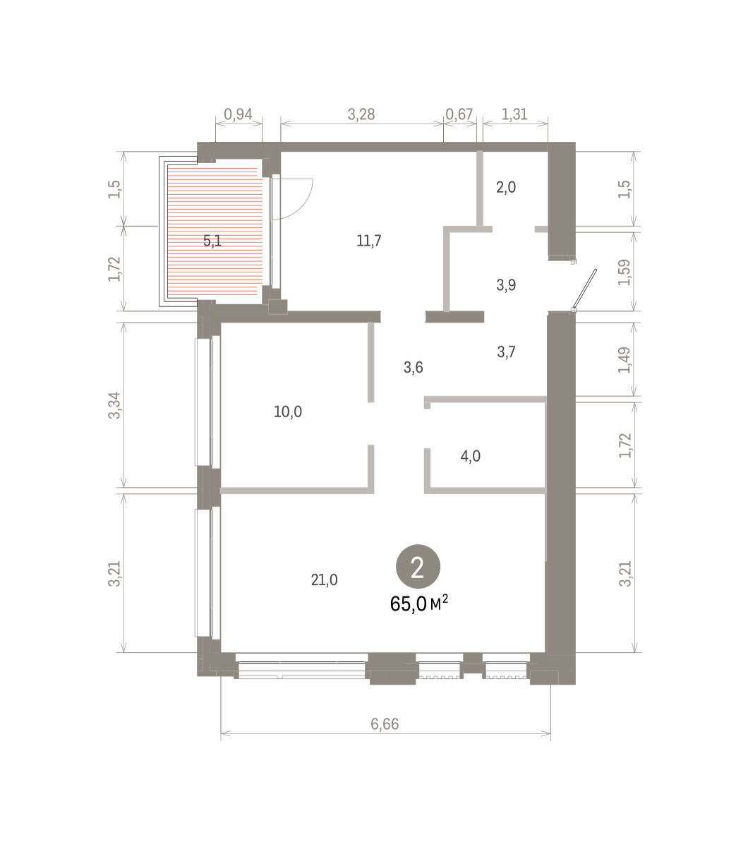 2 комн. Квартира 65 кв. м