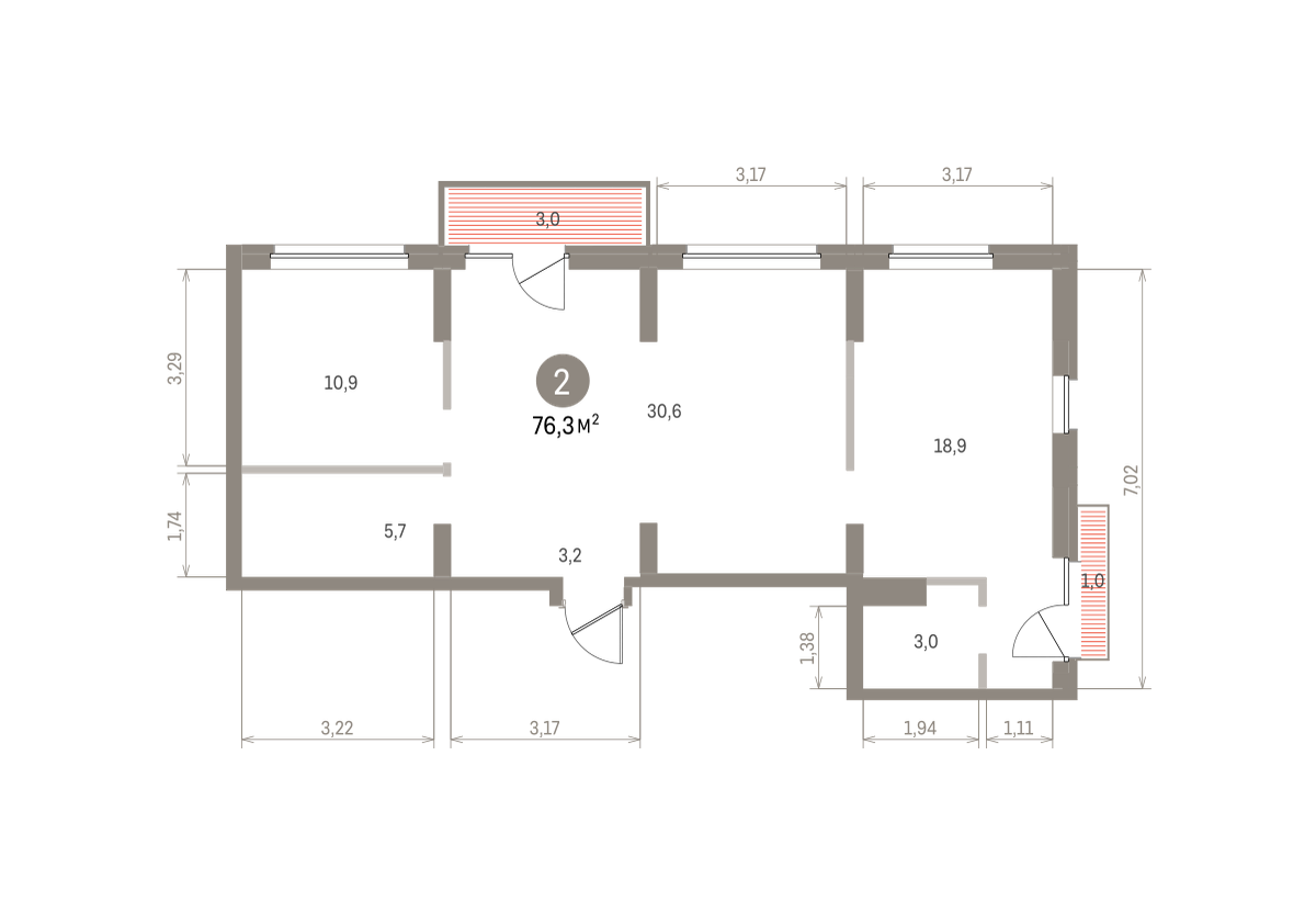 2 комн. Квартира 76.3 кв. м