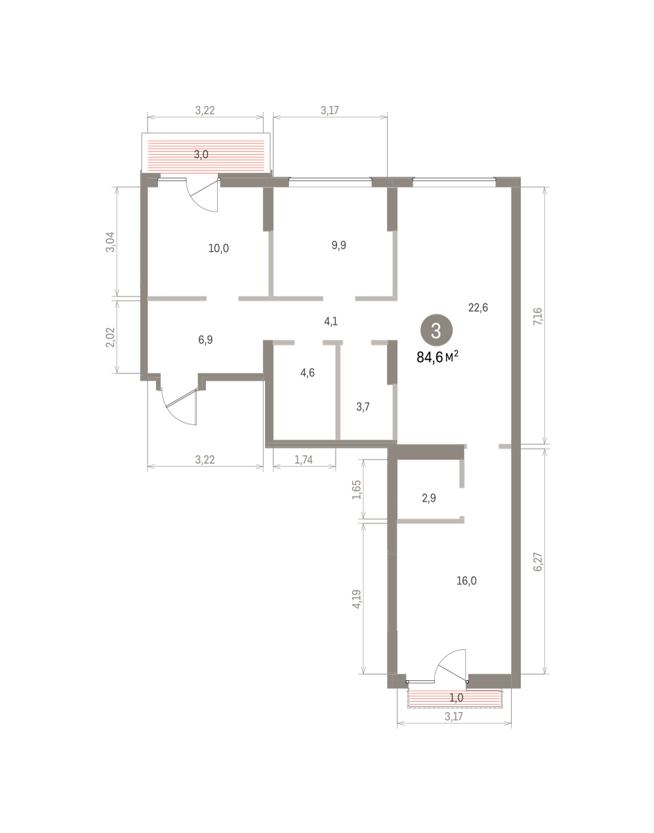 3 комн. Квартира 84.6 кв. м