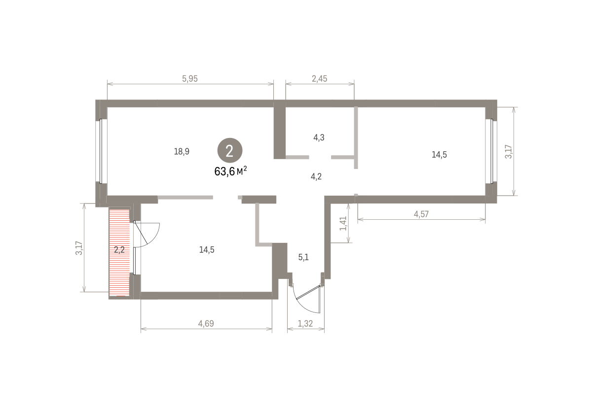 2 комн. Квартира 63.6 кв. м