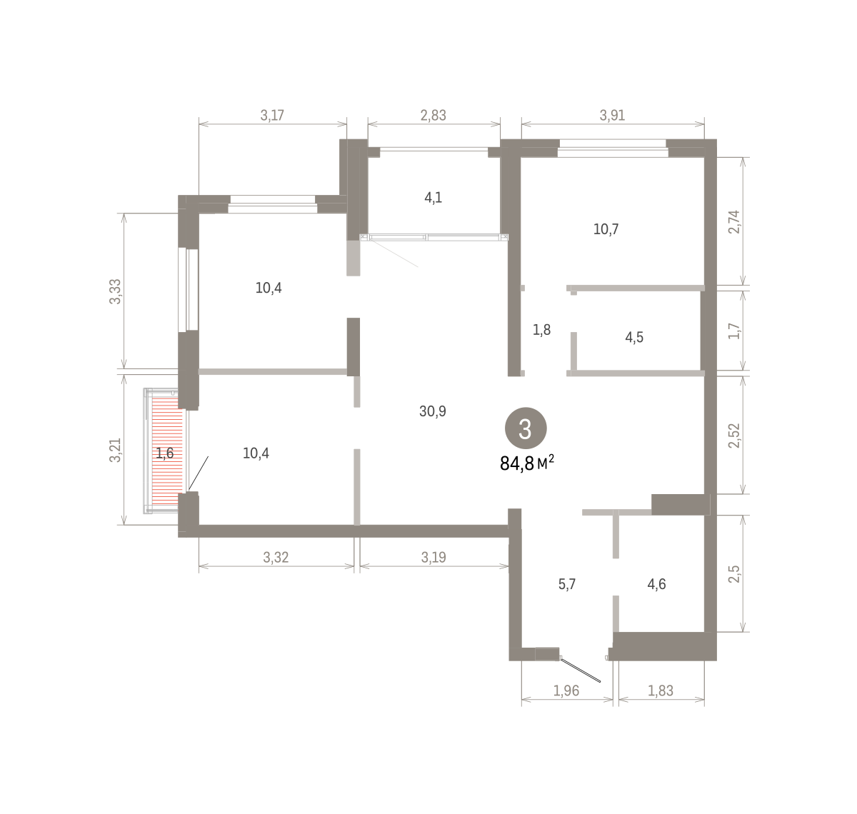 3 комн. Квартира 84.3 кв. м