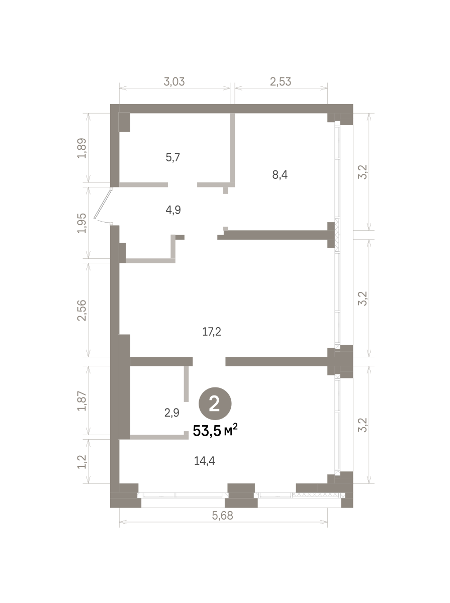 2 комн. Квартира 53.5 кв. м