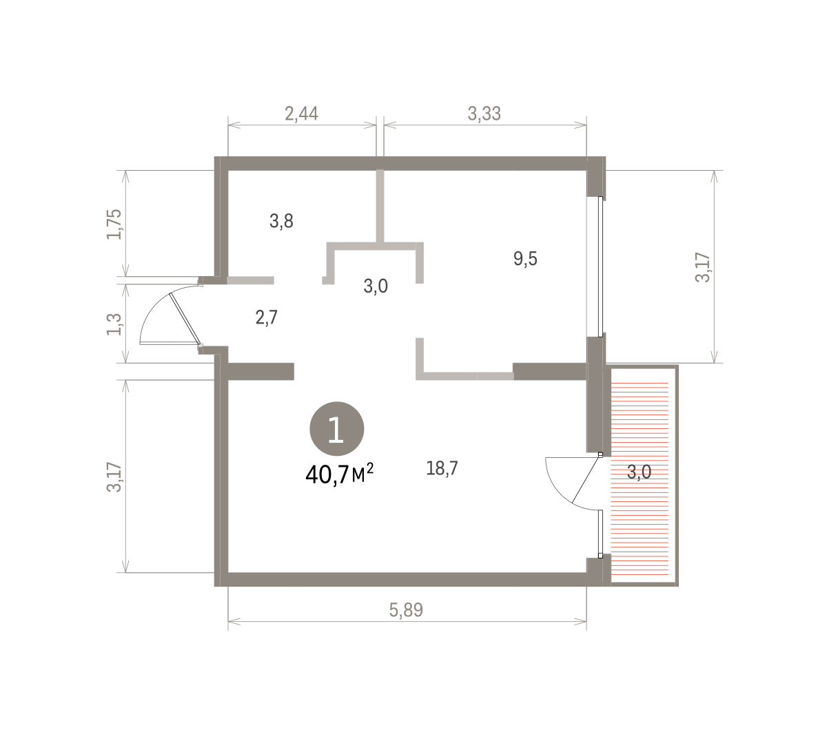 1 комн. Квартира 40.7 кв. м