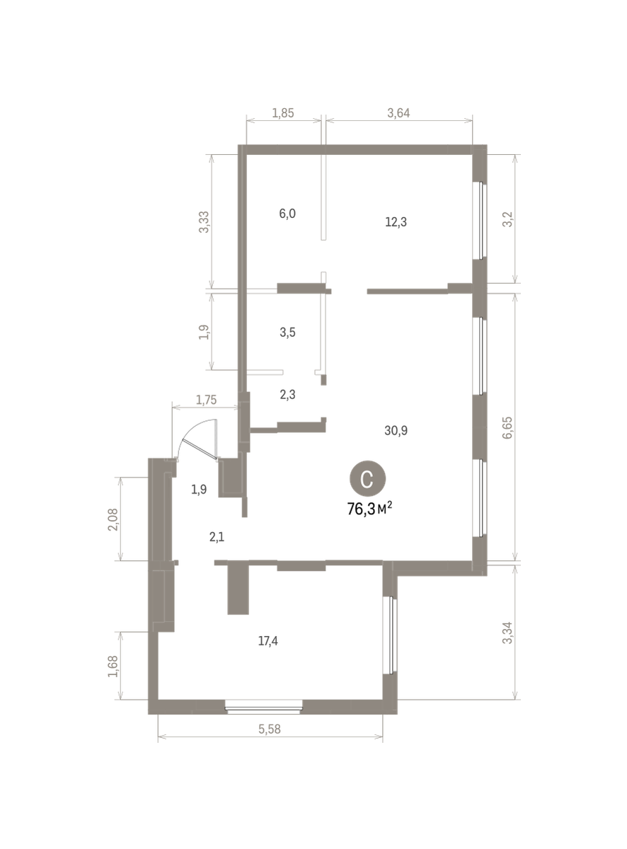 2 комн. Квартира 76.3 кв. м
