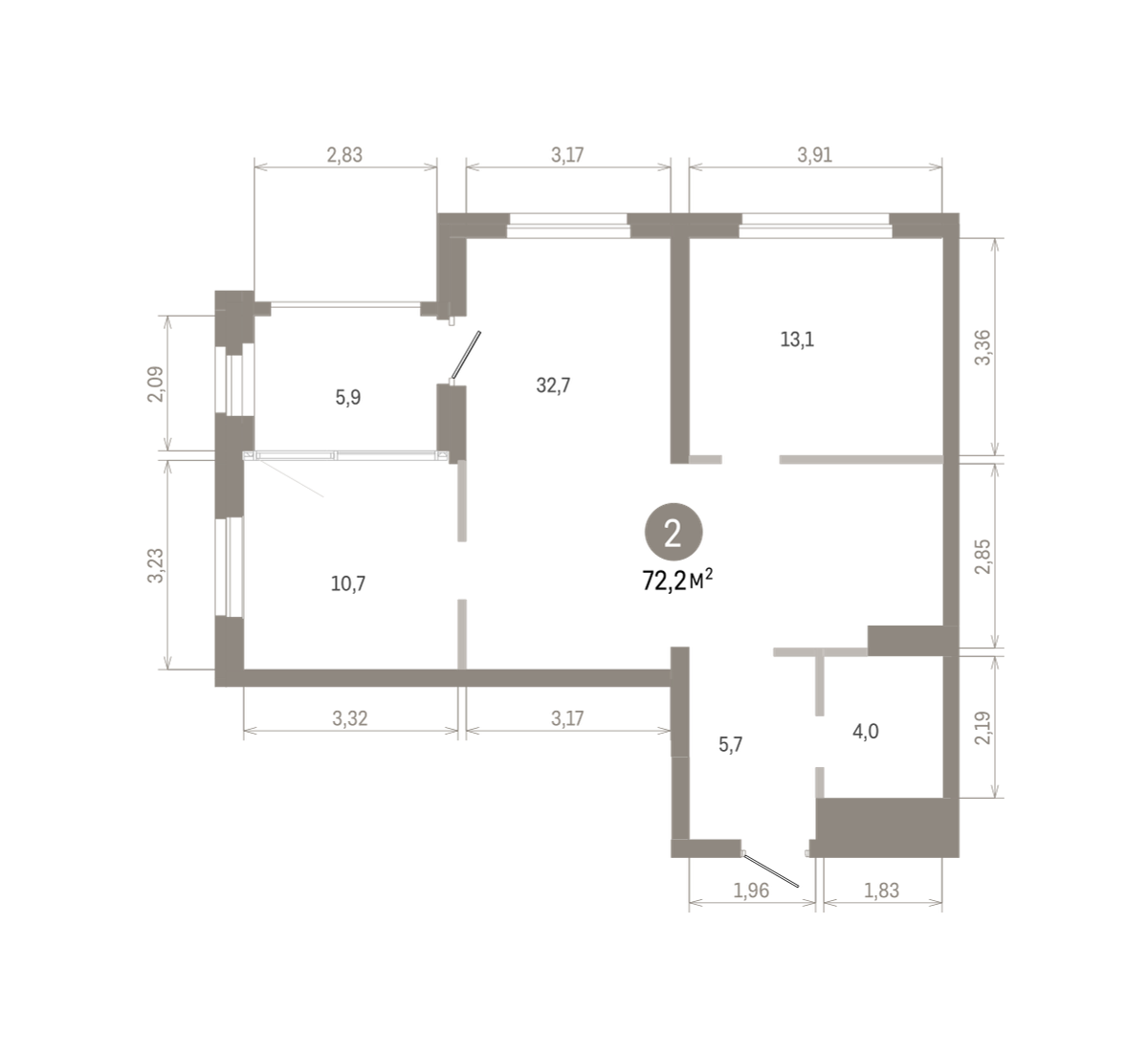 2 комн. Квартира 72.2 кв. м