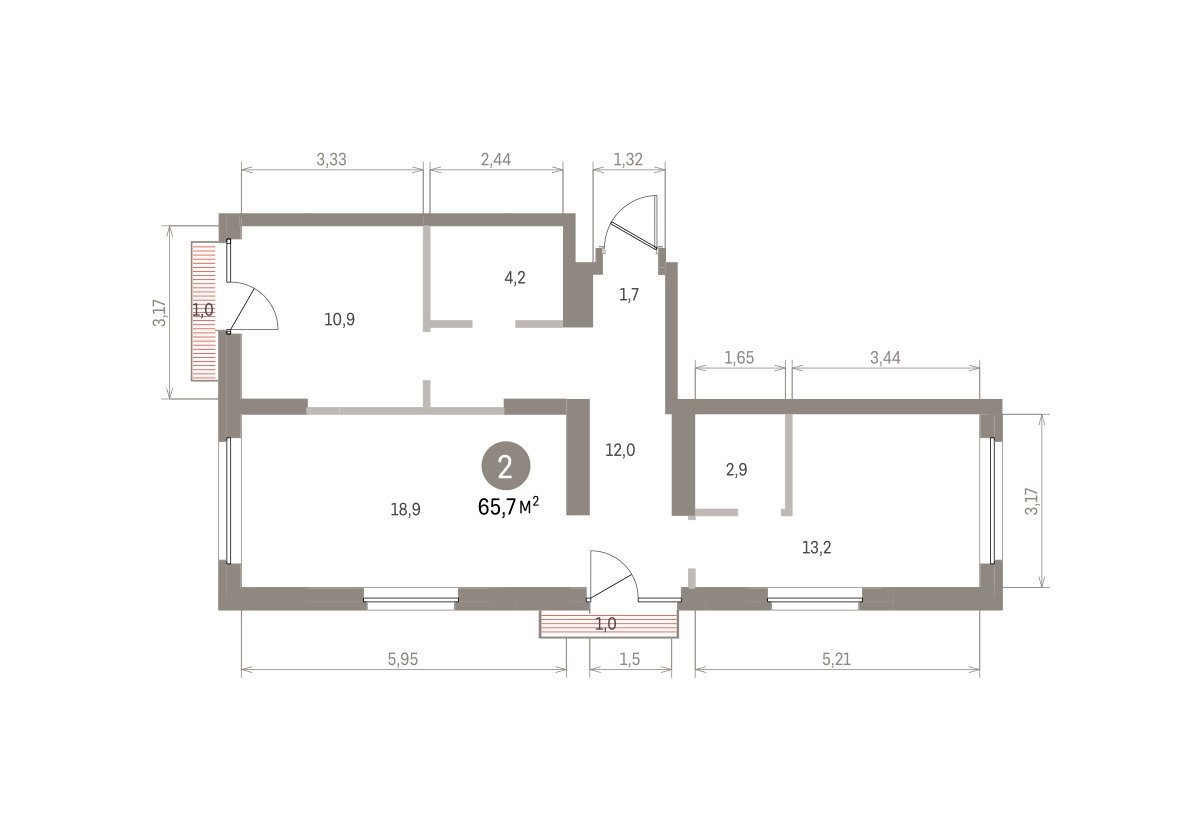 2 комн. Квартира 65.7 кв. м