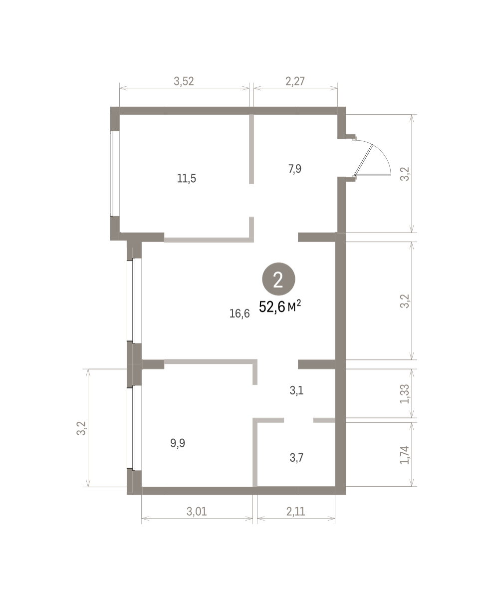 2 комн. Квартира 52.6 кв. м