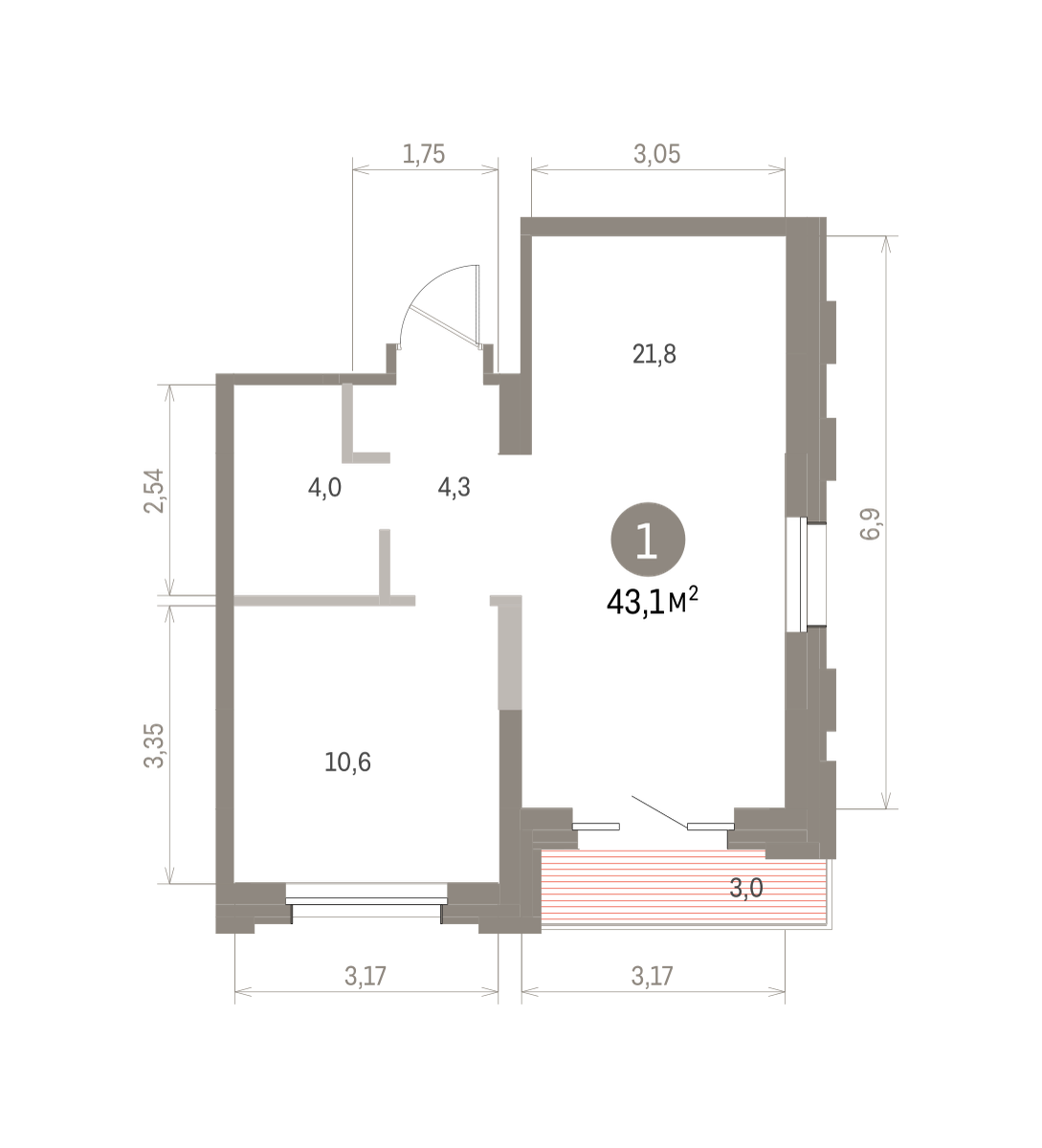 1 комн. Квартира 43.1 кв. м