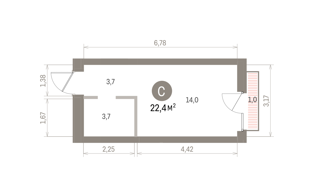 Квартира 22.4 кв. м