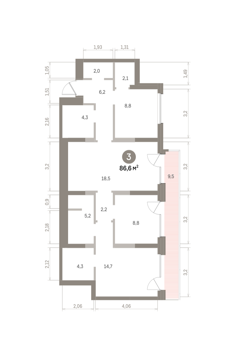 3 комн. Квартира 86.6 кв. м