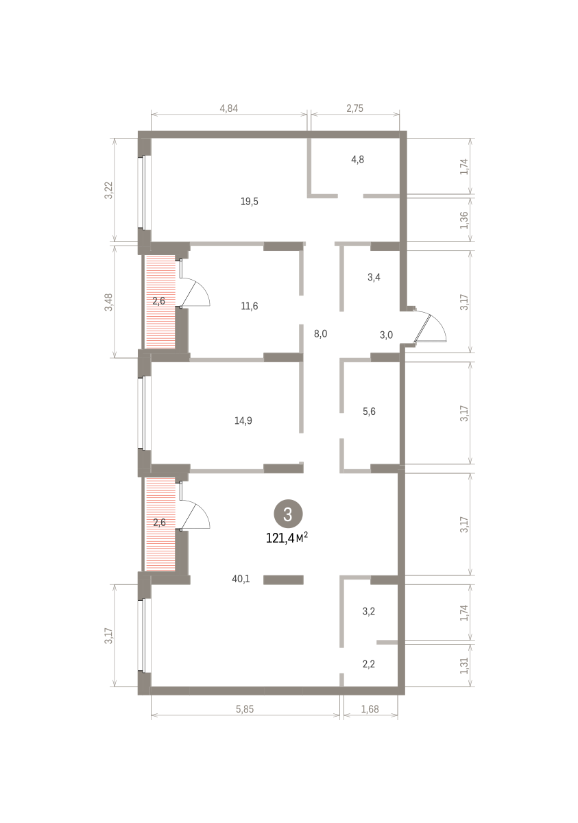 3 комн. Квартира 121.4 кв. м