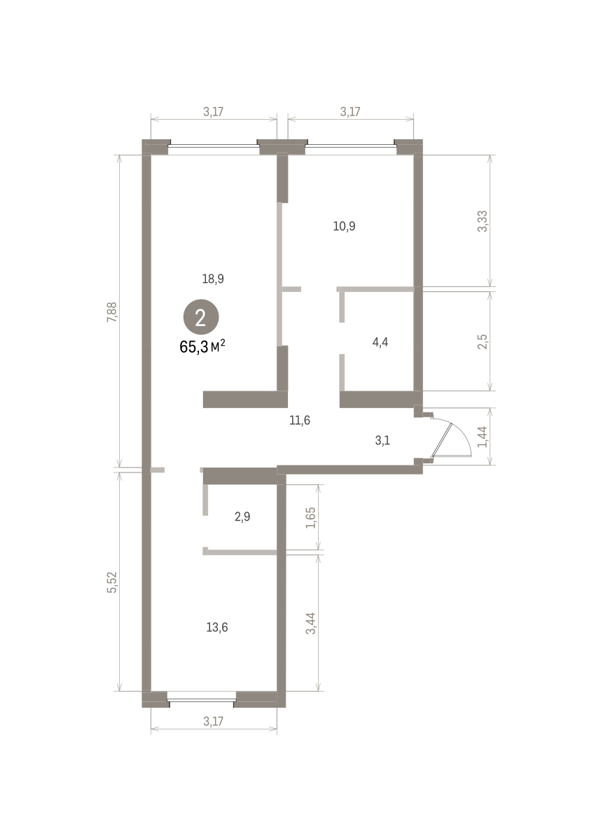 2 комн. Квартира 65.3 кв. м