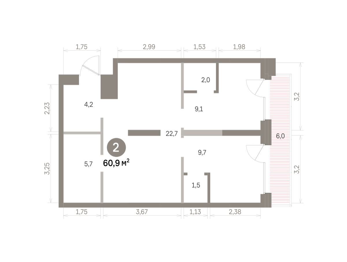 2 комн. Квартира 60.9 кв. м