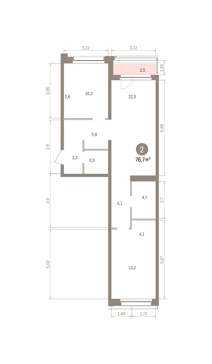 2 комн. Квартира 76.7 кв. м