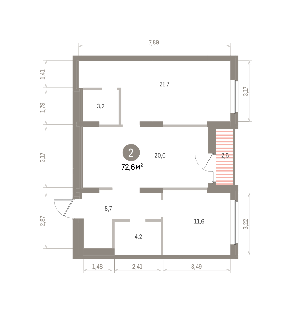 2 комн. Квартира 72.6 кв. м