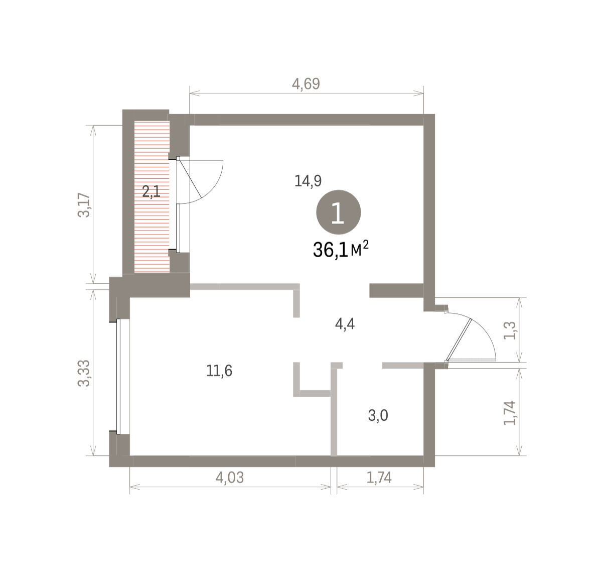 1 комн. Квартира 36.1 кв. м