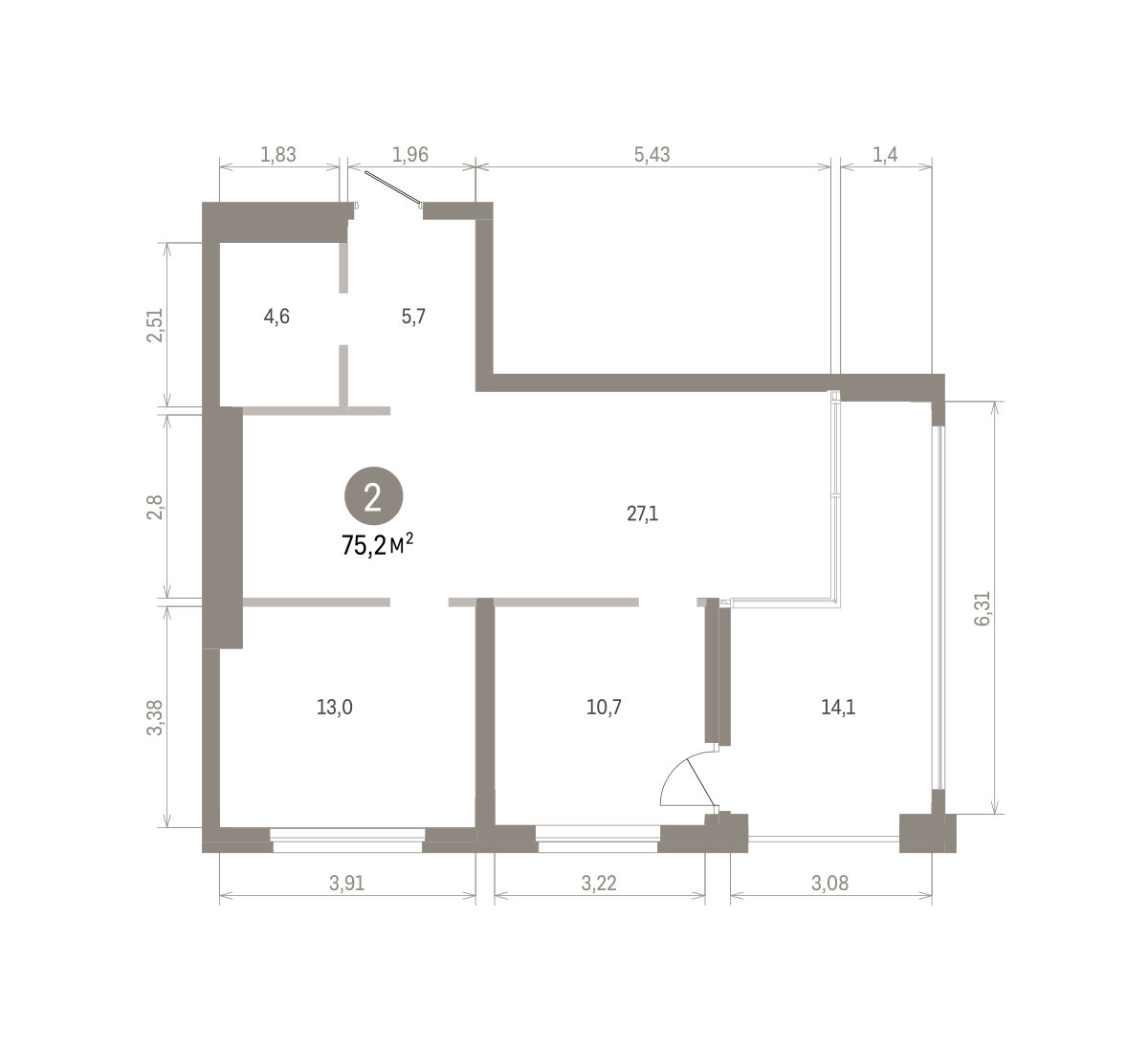 2 комн. Квартира 75.2 кв. м