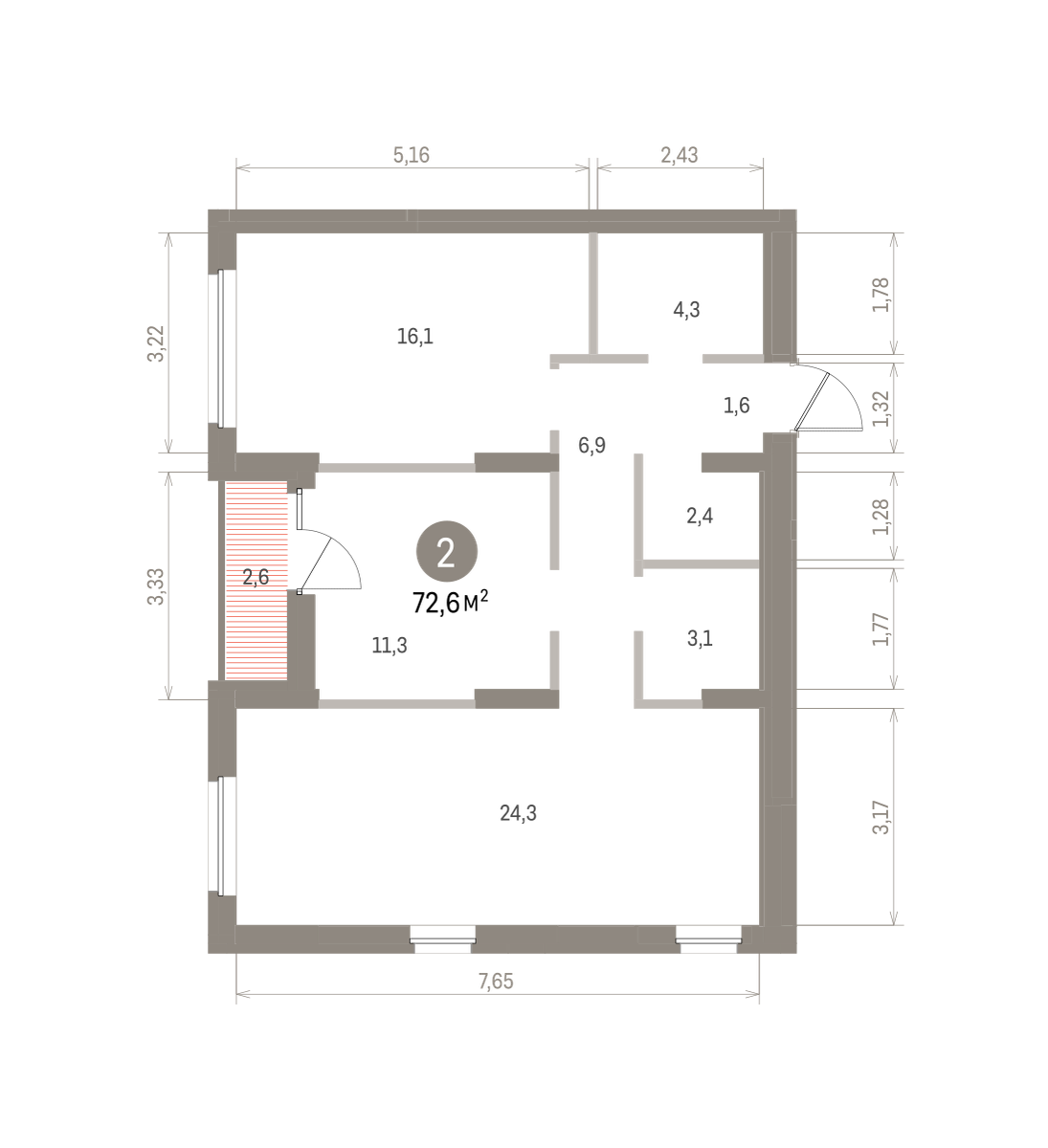 2 комн. Квартира 72.6 кв. м