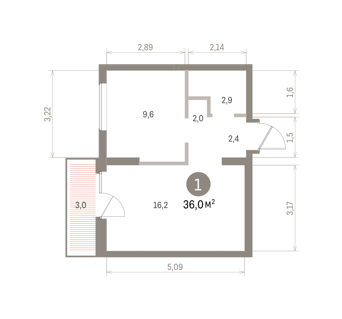1 комн. Квартира 36 кв. м