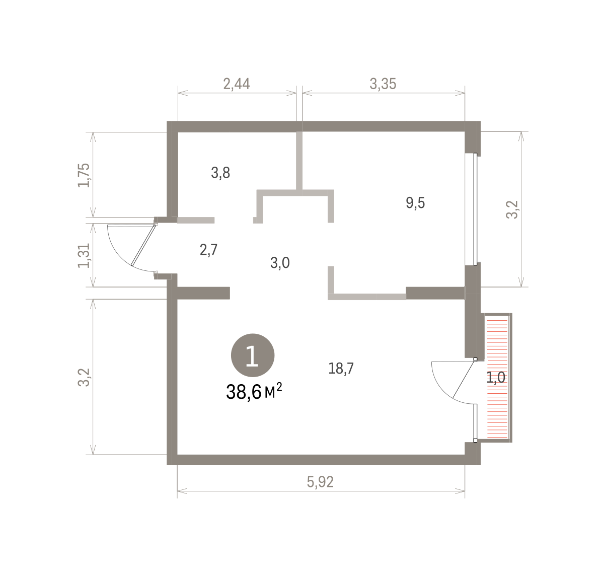 1 комн. Квартира 38.6 кв. м