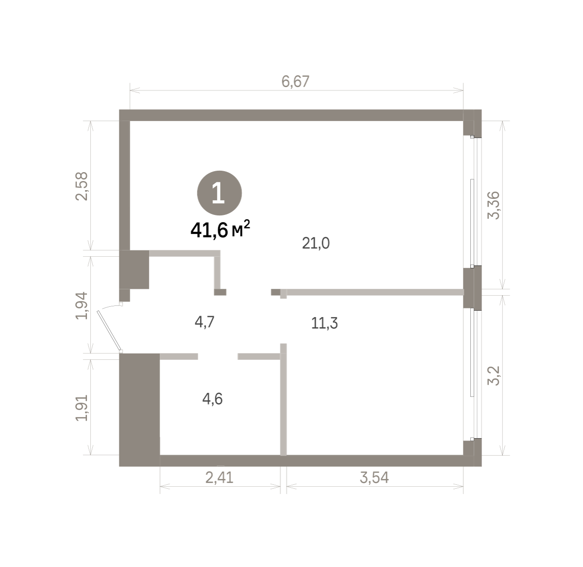 1 комн. Квартира 41.6 кв. м