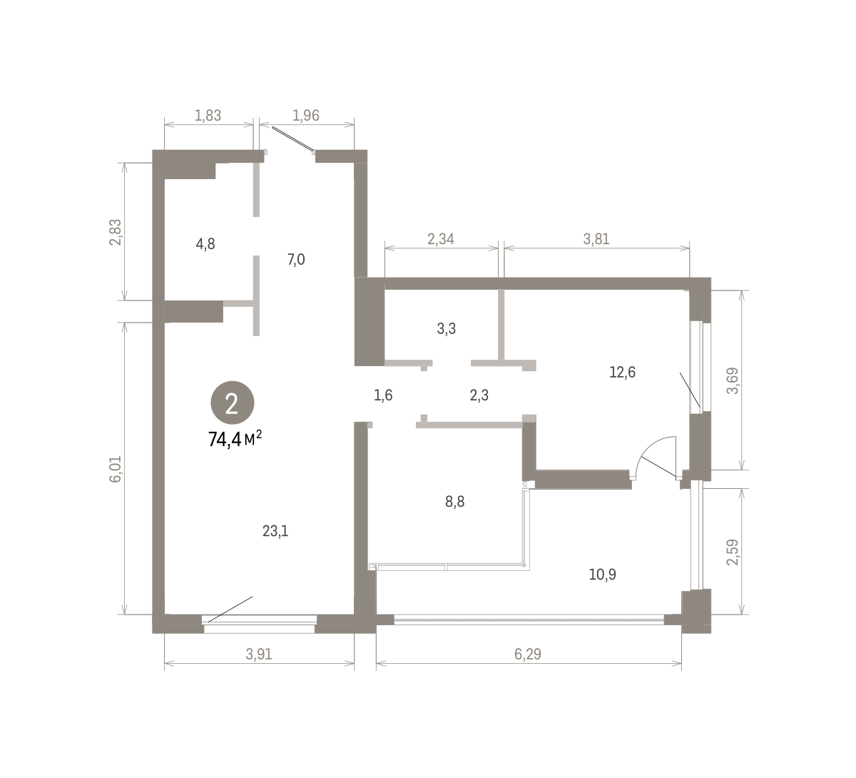 2 комн. Квартира 74.4 кв. м