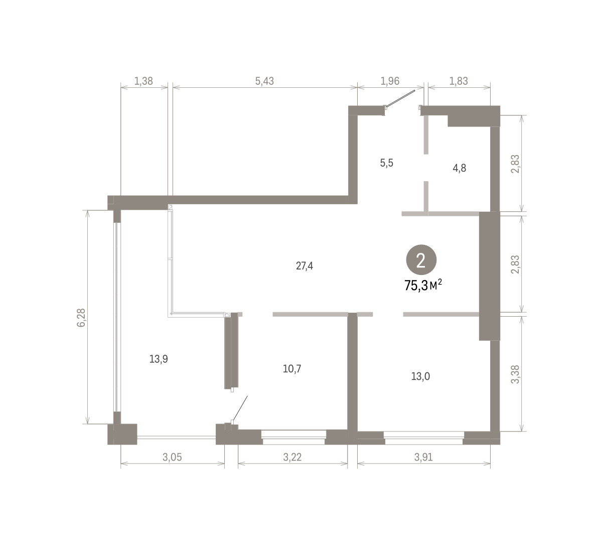 2 комн. Квартира 75.3 кв. м