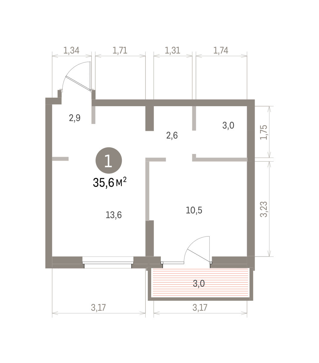 1 комн. Квартира 35.6 кв. м