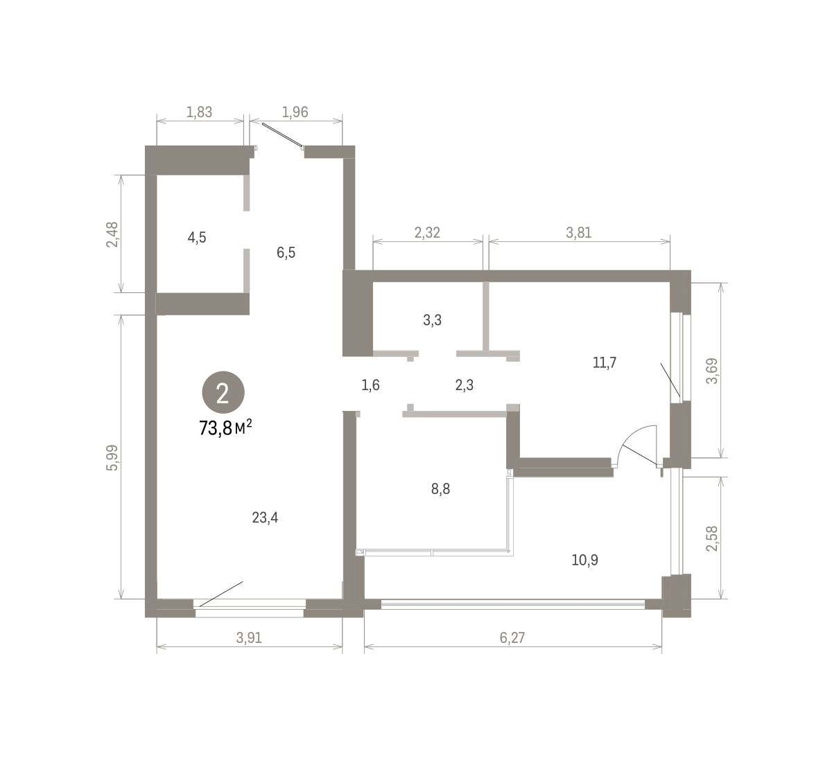 2 комн. Квартира 73.8 кв. м