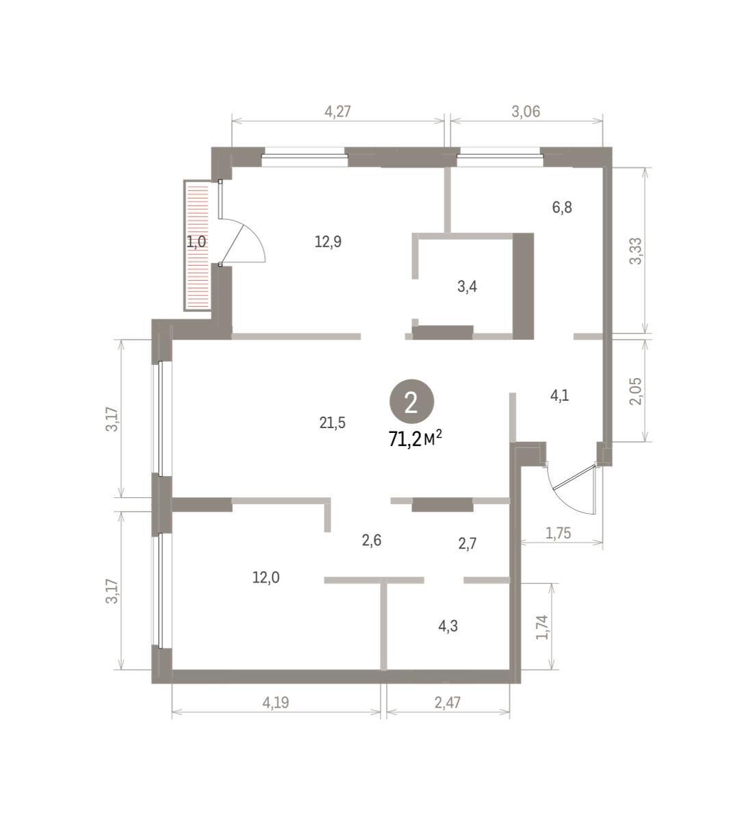 2 комн. Квартира 71.2 кв. м