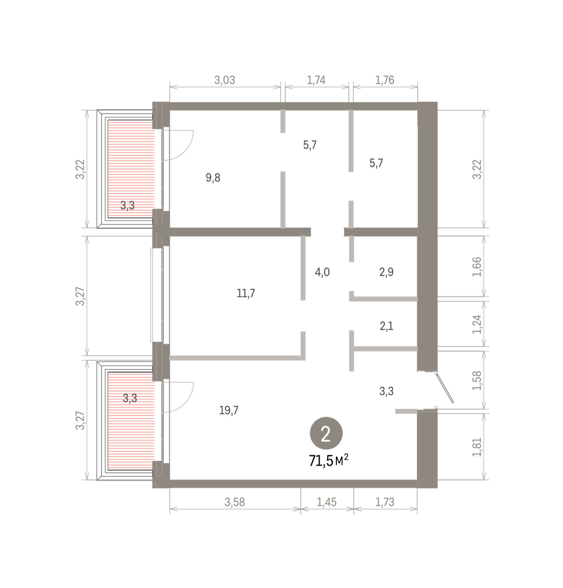 2 комн. Квартира 71.5 кв. м