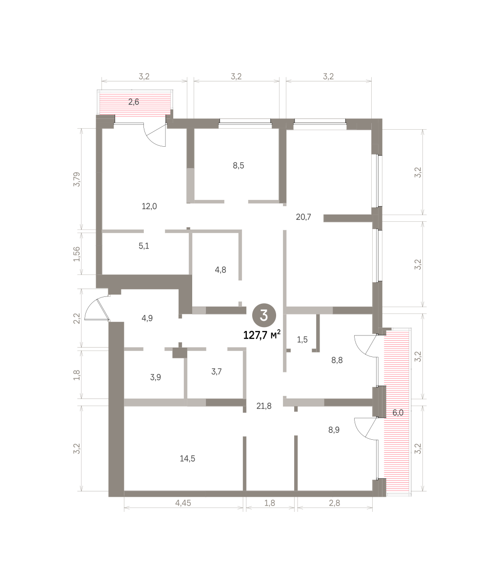 3 комн. Квартира 127.7 кв. м