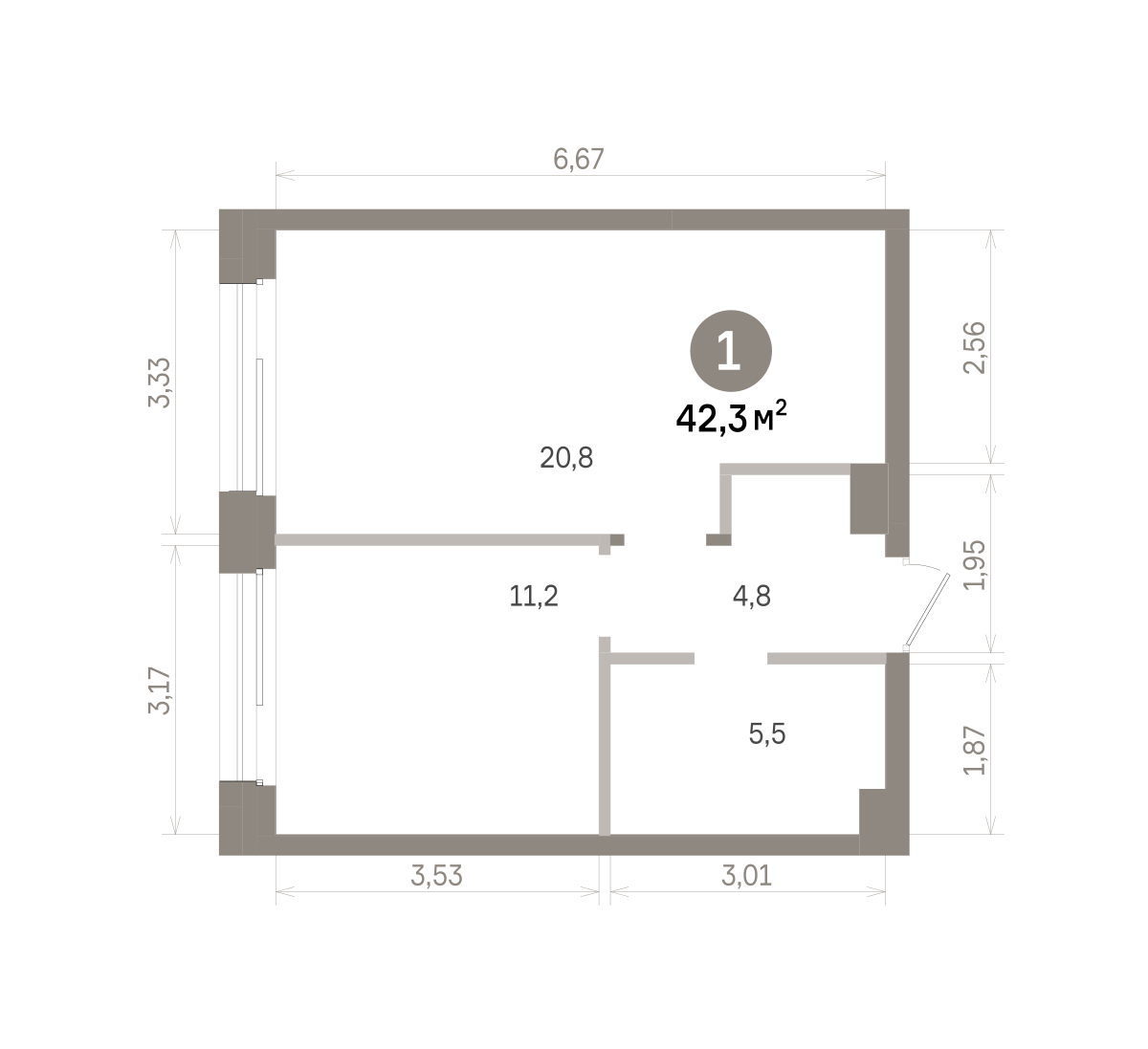 1 комн. Квартира 42.3 кв. м