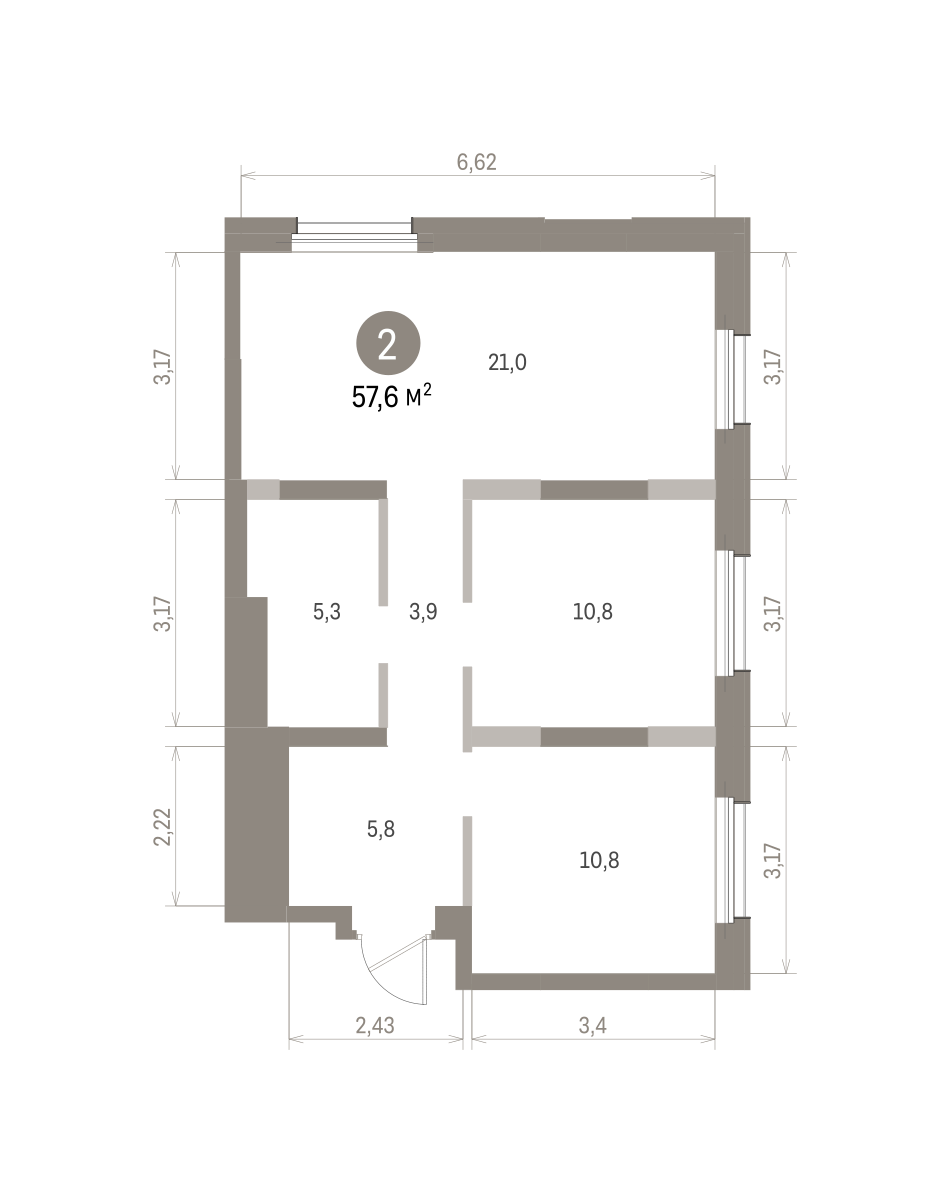 2 комн. Квартира 57.6 кв. м