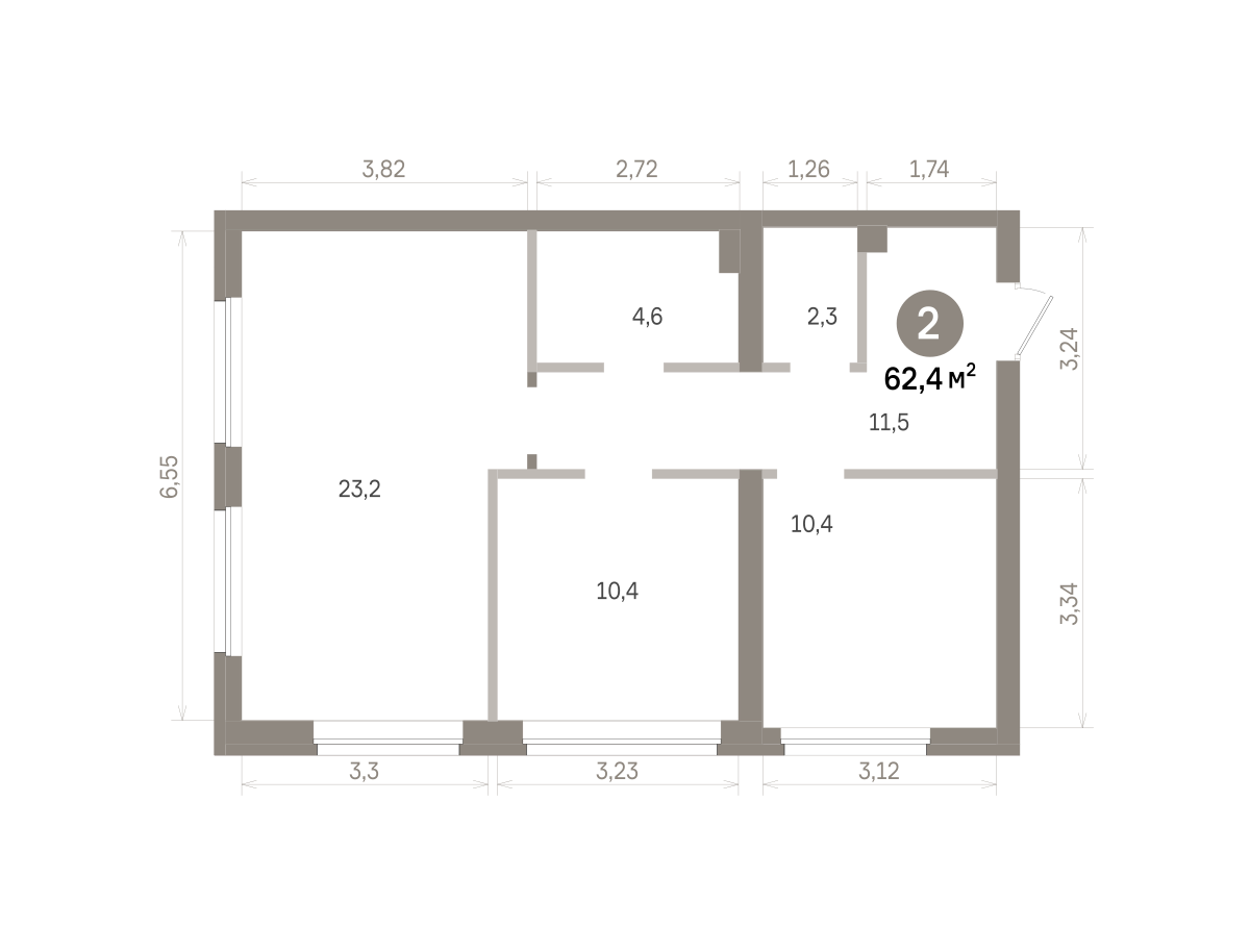 2 комн. Квартира 62.4 кв. м
