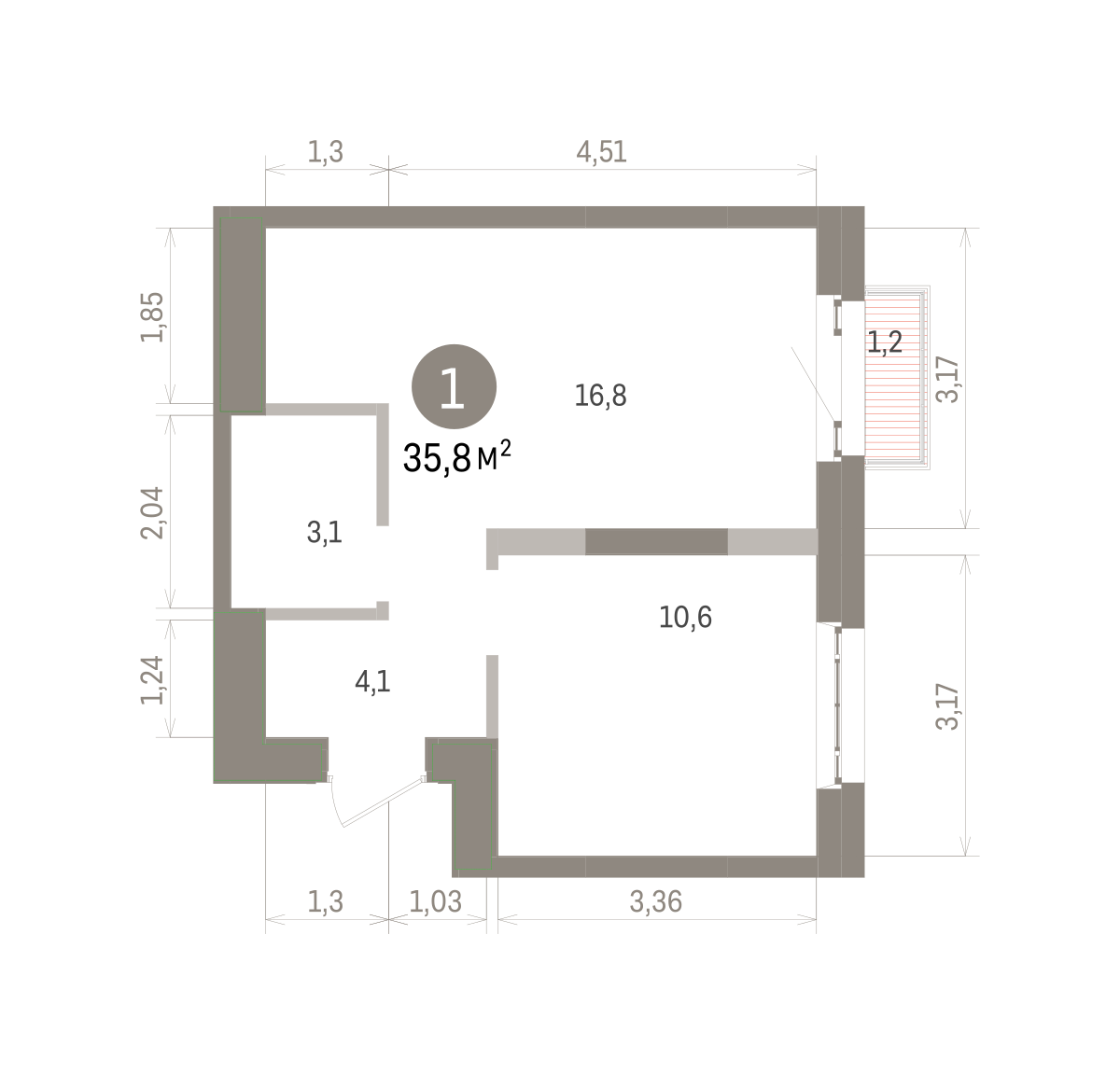 1 комн. Квартира 35.8 кв. м