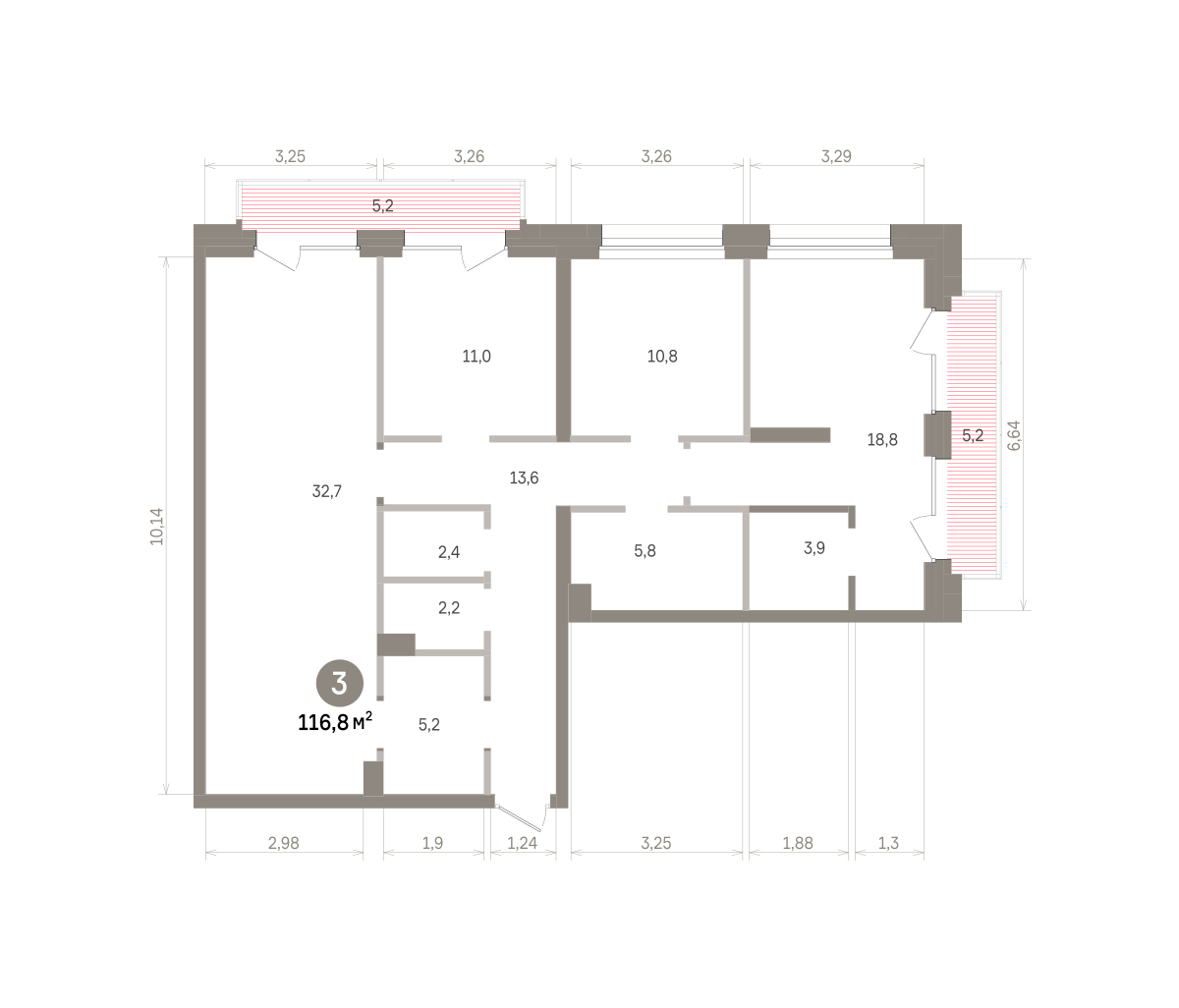 3 комн. Квартира 116.8 кв. м