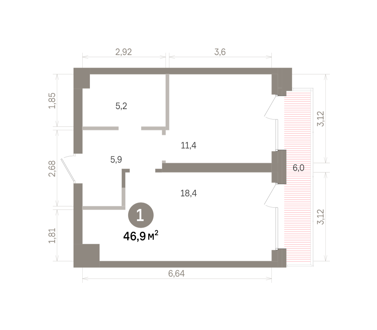 1 комн. Квартира 46.9 кв. м