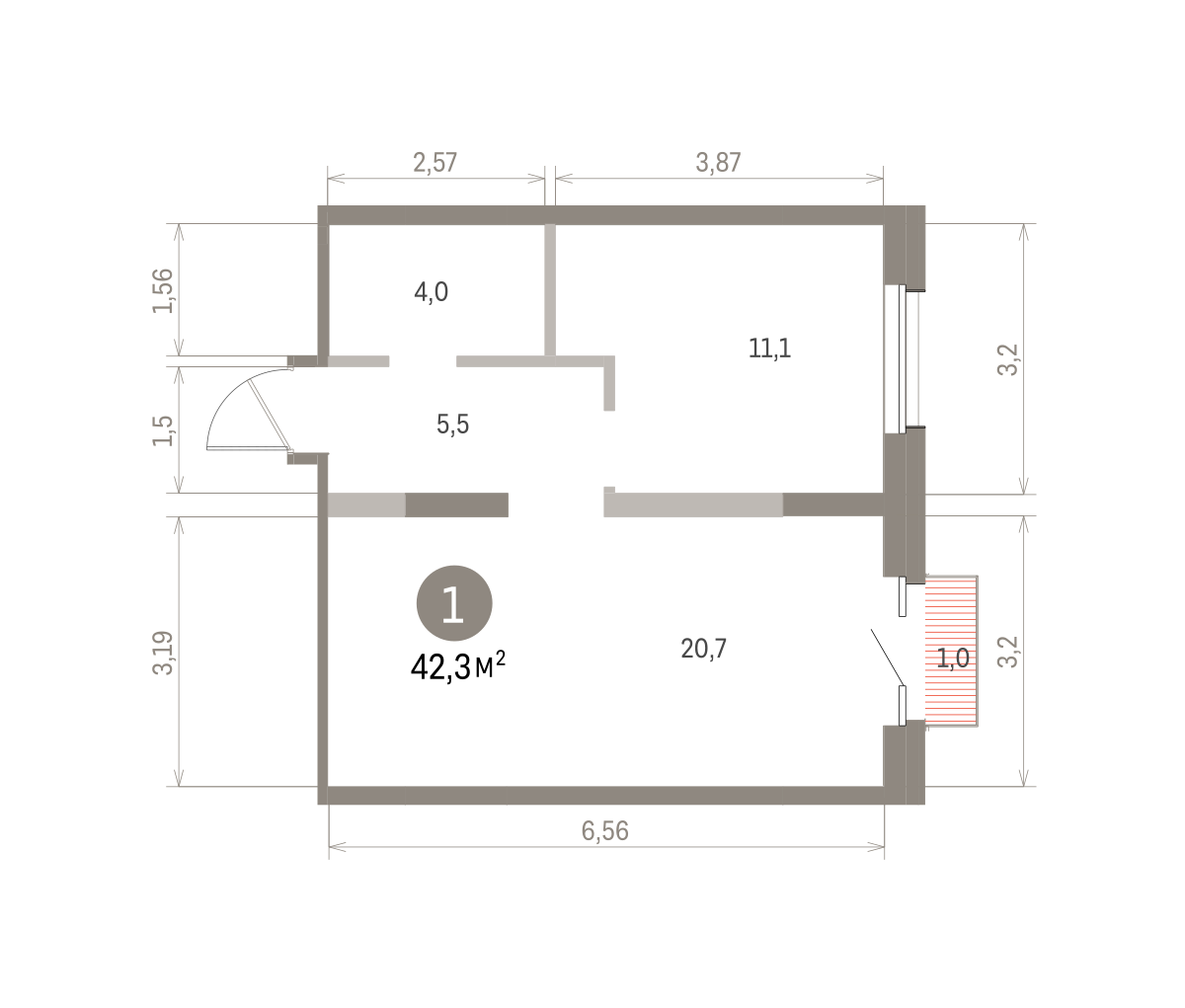 1 комн. Квартира 42.3 кв. м