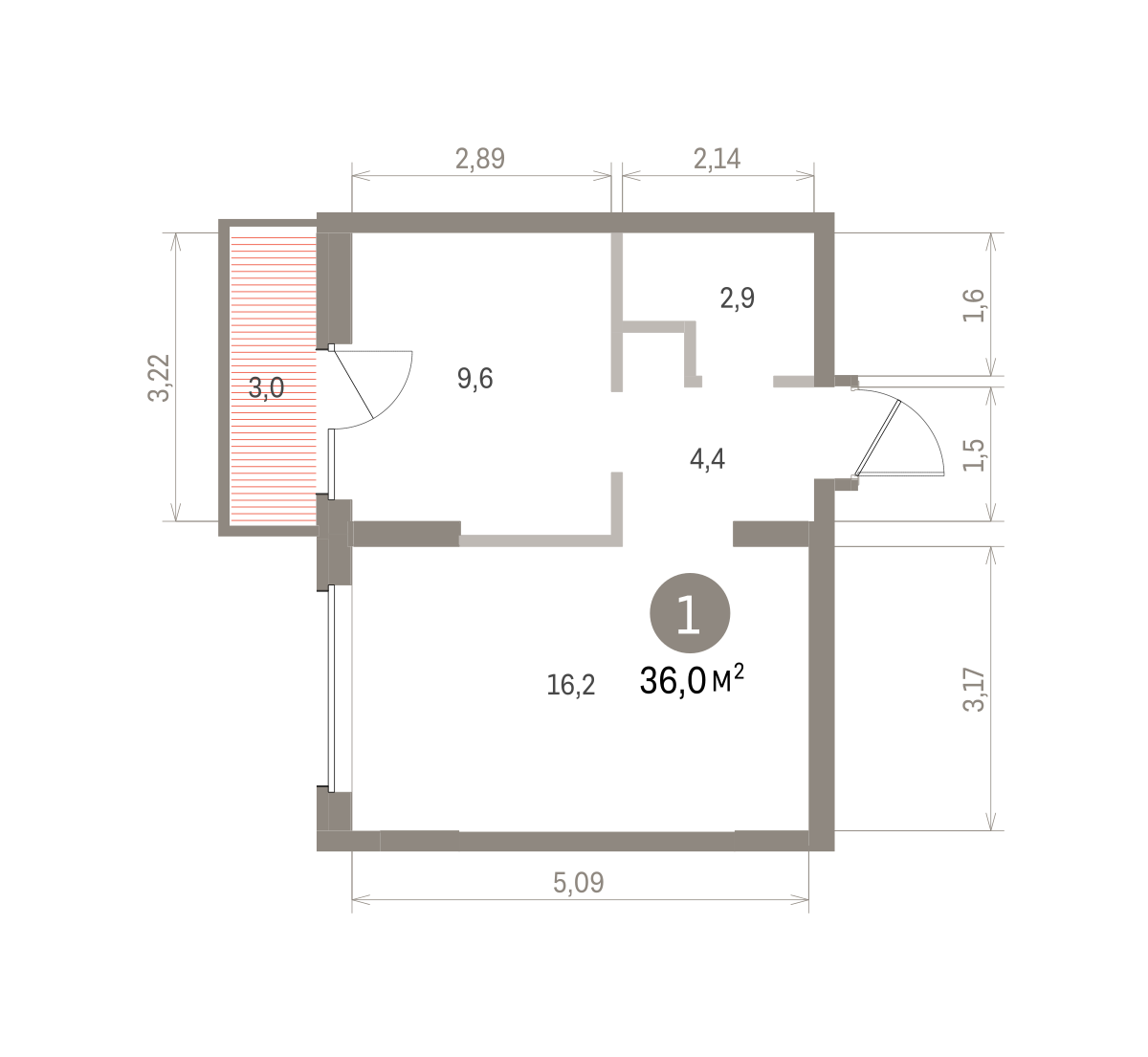 1 комн. Квартира 36 кв. м